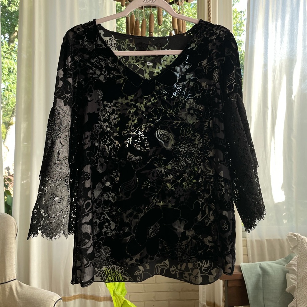 Johnny Was Black Velvet Burnout Floral Lace-Sleeve Top
